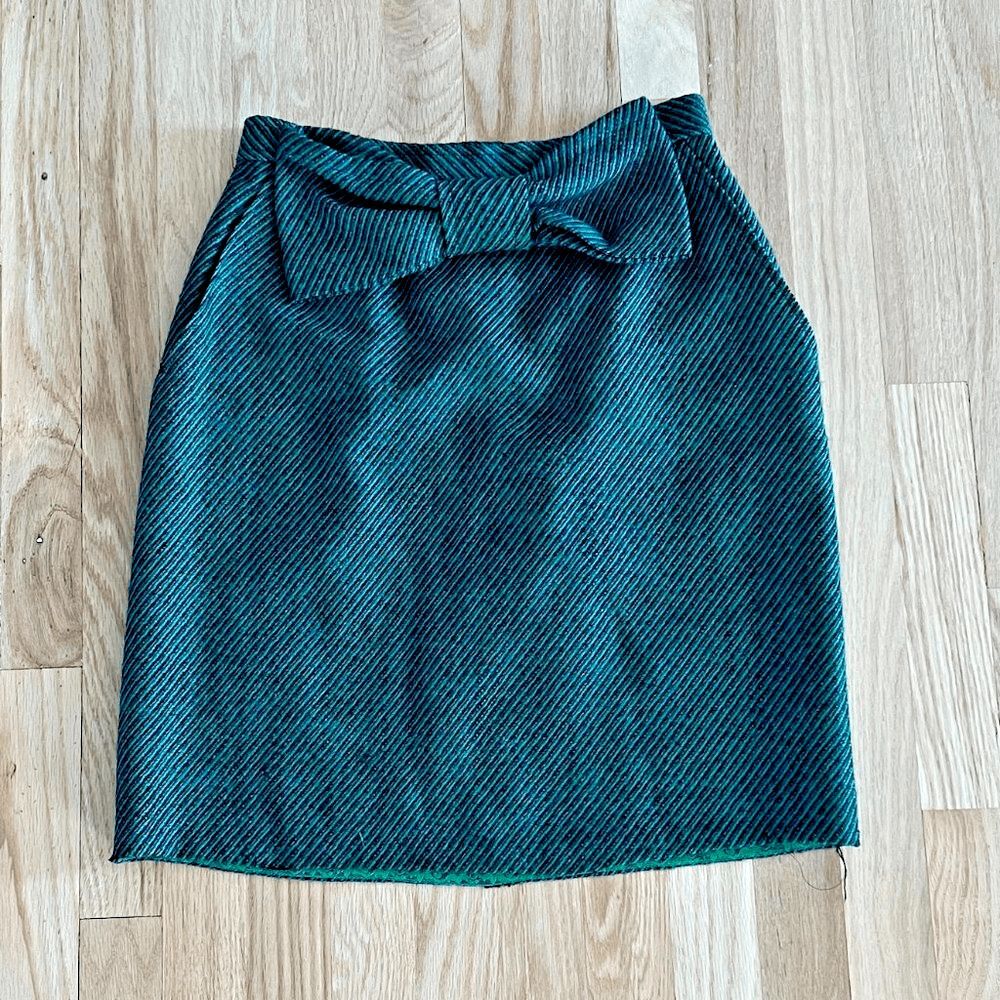 vtg 80s 100% wool bow front green black skirt evan-picone‎ Small knee length